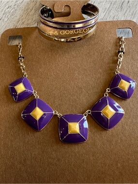 1st & Gorgeous Purple and Gold Geometric Statement Necklace and Bangles NWT